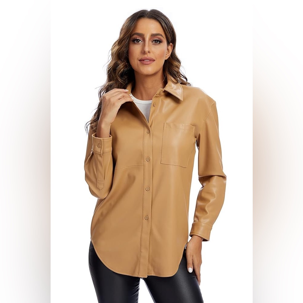 SPYM Camel Brown Faux Leather Button-Up Shacket - Size 6 (S)